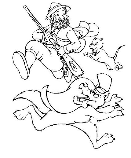 Coloring page the wolf runs away from the ranger